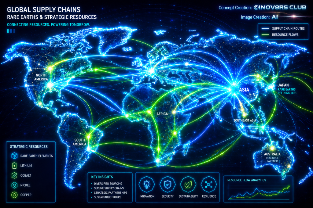 Global supply chains map highlighting the flow of rare earth elements and strategic resources. Features regions like North America, South America, Europe, Asia, and Australia connected by colorful supply chain routes and resource flows. Key insights include diversified sourcing and sustainability.