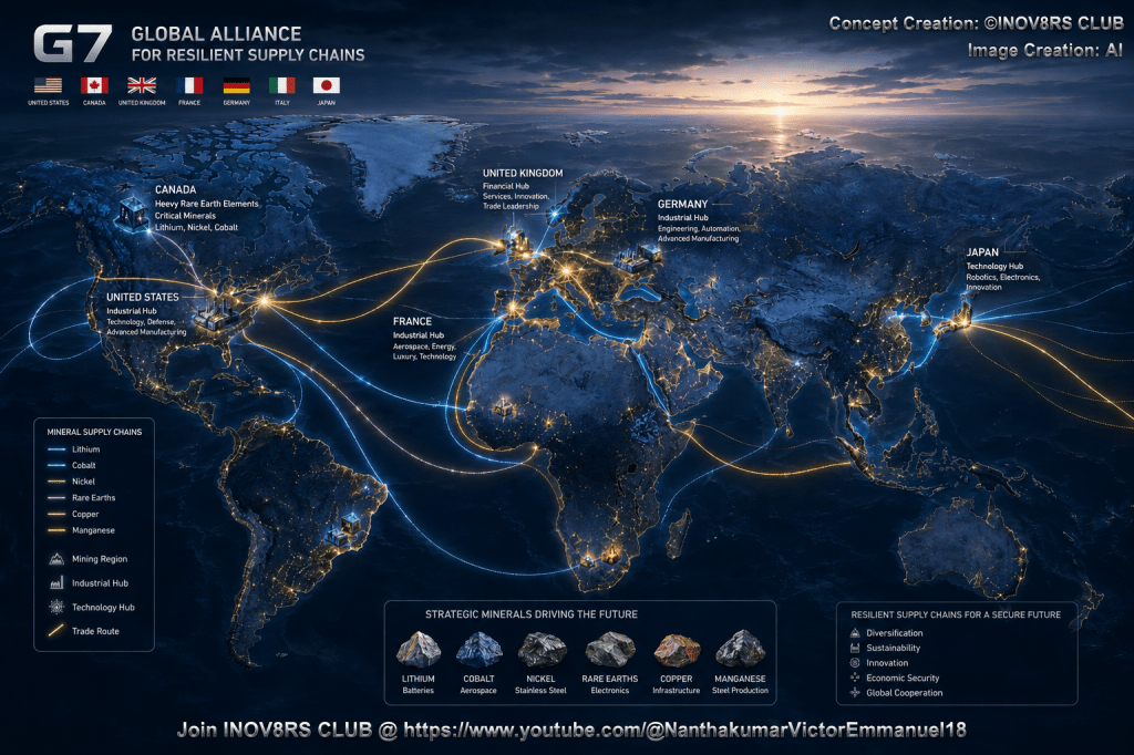 A world map illustrating the G7 Global Alliance for Resilient Supply Chains, highlighting various countries, their industrial hubs, and strategic minerals like lithium, cobalt, and rare earth elements.