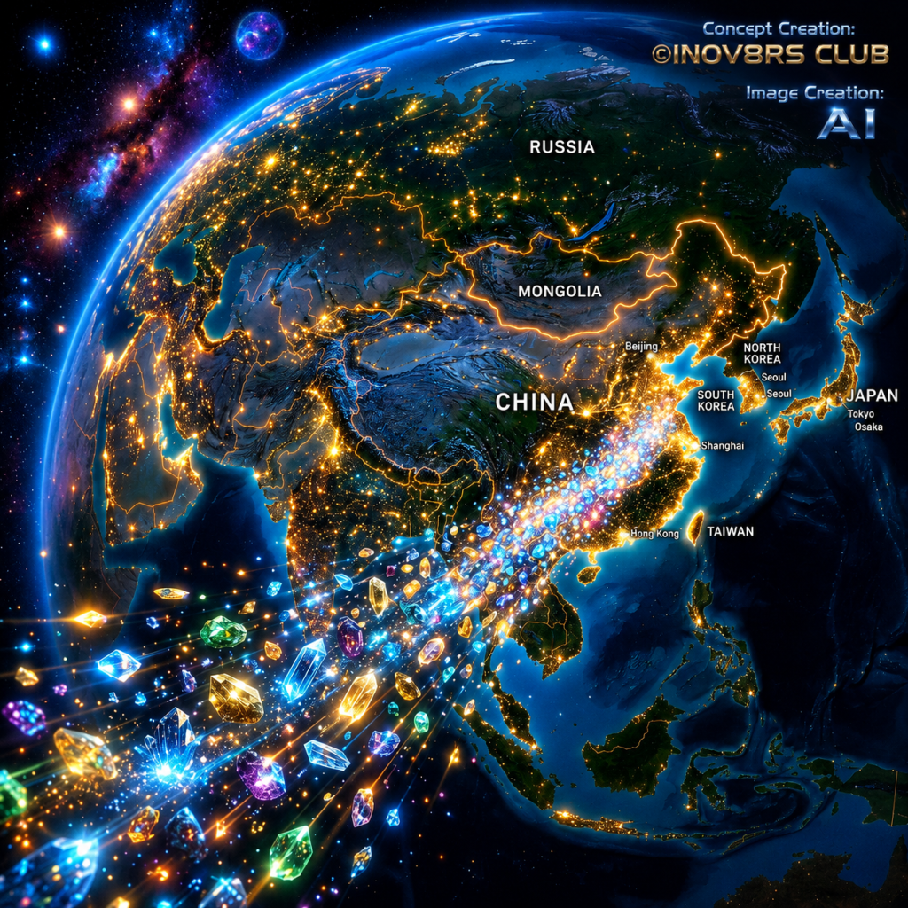 A digital illustration of Earth from space highlighting Asia, featuring glowing city lights and the countries China, Japan, South Korea, North Korea, and Taiwan, with colorful crystals and gems cascading towards the viewer.