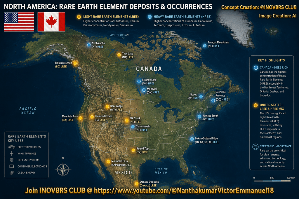 Map showing the distribution of rare earth element deposits and occurrences in North America, highlighting locations in Canada and the United States.