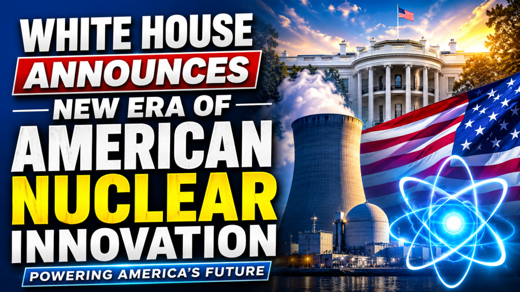 Graphic announcing the White House's new era of American nuclear innovation, featuring the White House, a nuclear power plant, an American flag, and an atomic symbol.