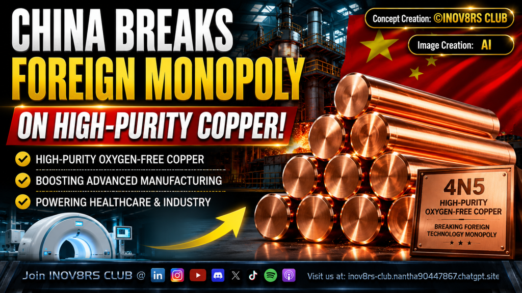 Promotional graphic highlighting China's breakthrough in high-purity oxygen-free copper production, featuring copper rods, a medical imaging device, and a backdrop of the Chinese flag.
