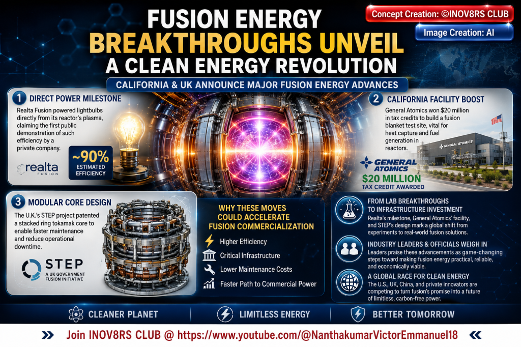 Infographic detailing breakthroughs in fusion energy, highlighting milestones by Realta Fusion and General Atomics, with a focus on efficiency, financial support, and innovative reactor designs. Key points include Direct Power Milestone, California Facility Boost, and Modular Core Design.