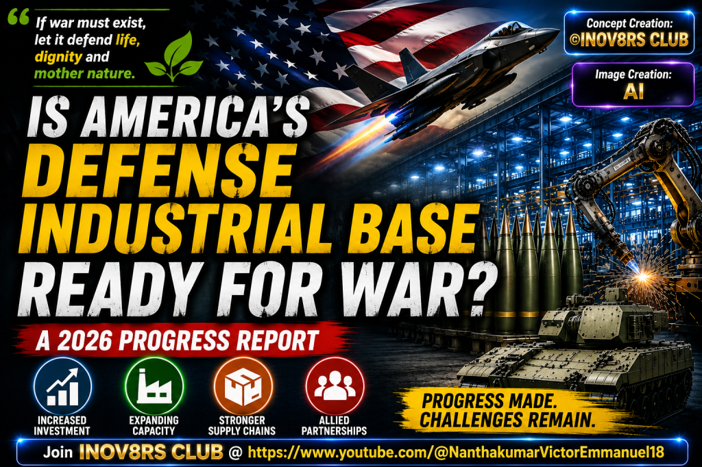 A graphic image featuring an F-35 fighter jet flying over an industrial scene with military equipment, depicting a report on America's defense industrial base readiness for war, highlighting progress and challenges in military production.