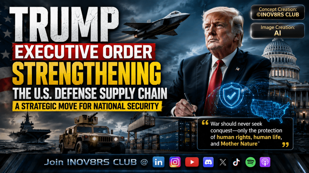 Graphic promoting Trump's executive order on strengthening the U.S. defense supply chain, featuring military imagery, the U.S. Capitol, and a quote about protecting human rights.