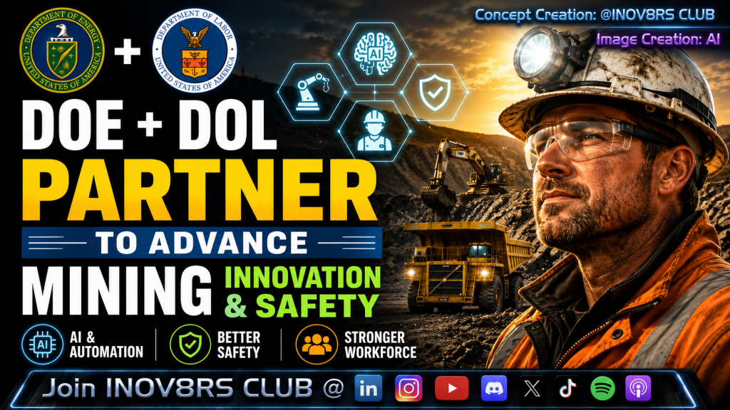 Promotional graphic featuring the Department of Energy and Department of Labor logos, highlighting their partnership to enhance innovation and safety in the mining industry. The image depicts a miner with safety gear, emphasizing advancements in AI and automation, better safety practices, and a stronger workforce.