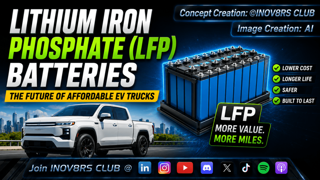 A white electric truck is showcased in the foreground, while a graphic of a lithium iron phosphate battery is in the background. Text highlights benefits of LFP batteries for affordable EV trucks, emphasizing lower cost, longer lifespan, safety, and durability. Includes social media icons at the bottom.