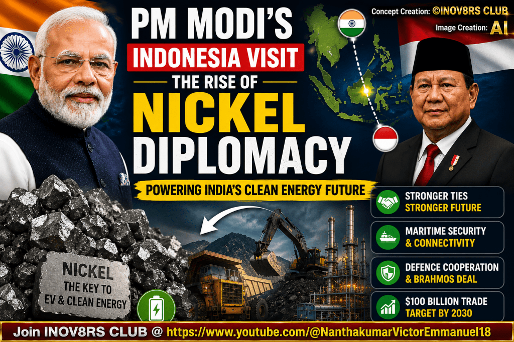 PM Modi's Indonesia visit promotional graphic highlighting the rise of nickel diplomacy, emphasizing its role in powering India's clean energy future.