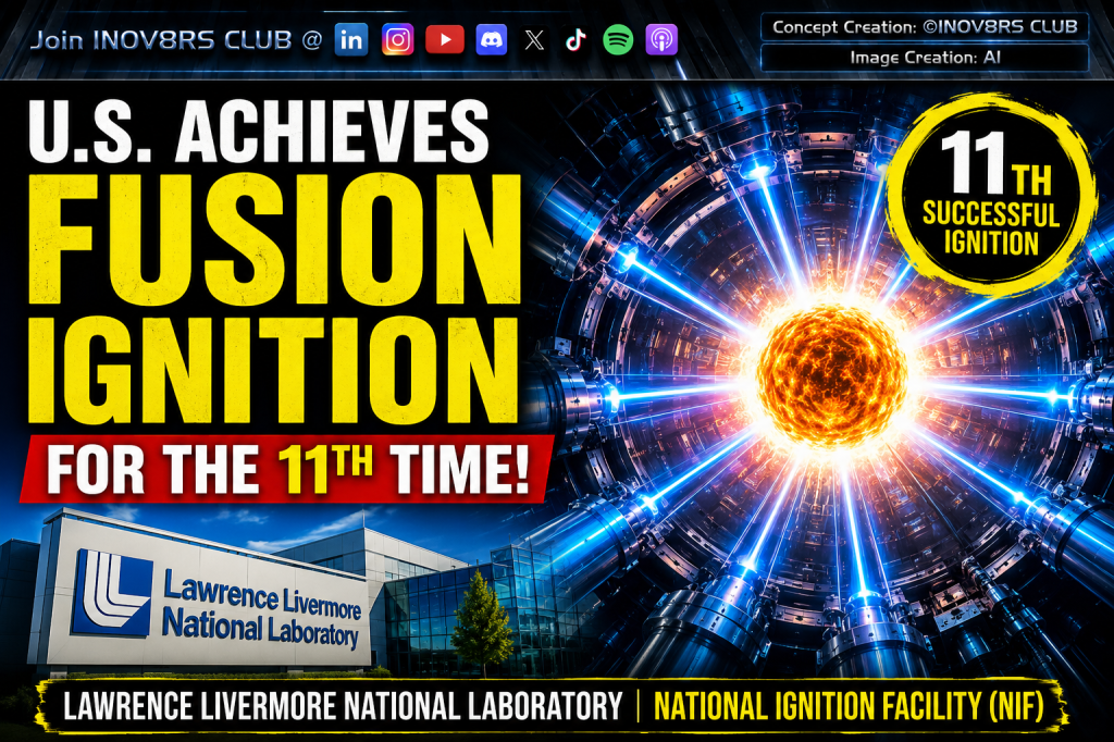 Graphic announcing the U.S. achievement of fusion ignition for the 11th time, featuring a bright, sun-like orb at the center, surrounded by beams of light and the Lawrence Livermore National Laboratory logo.