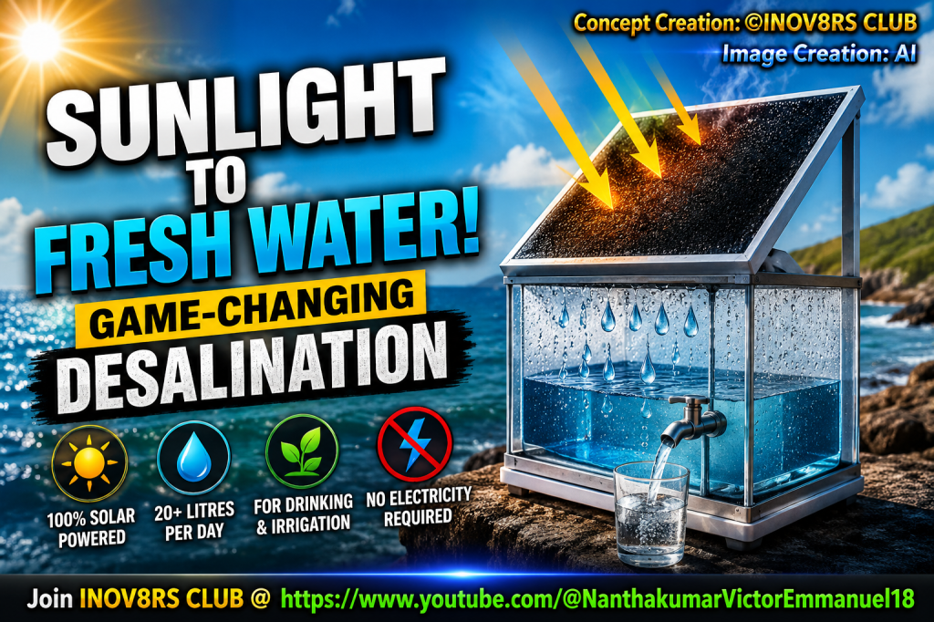 A solar-powered desalination unit converting sunlight into fresh water, featuring a clear container with water and droplets, alongside icons representing solar energy, water, irrigation, and no electricity needed.